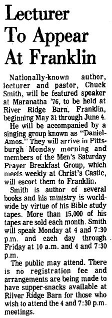 Daniel Amos Franklin PA Article, 1976